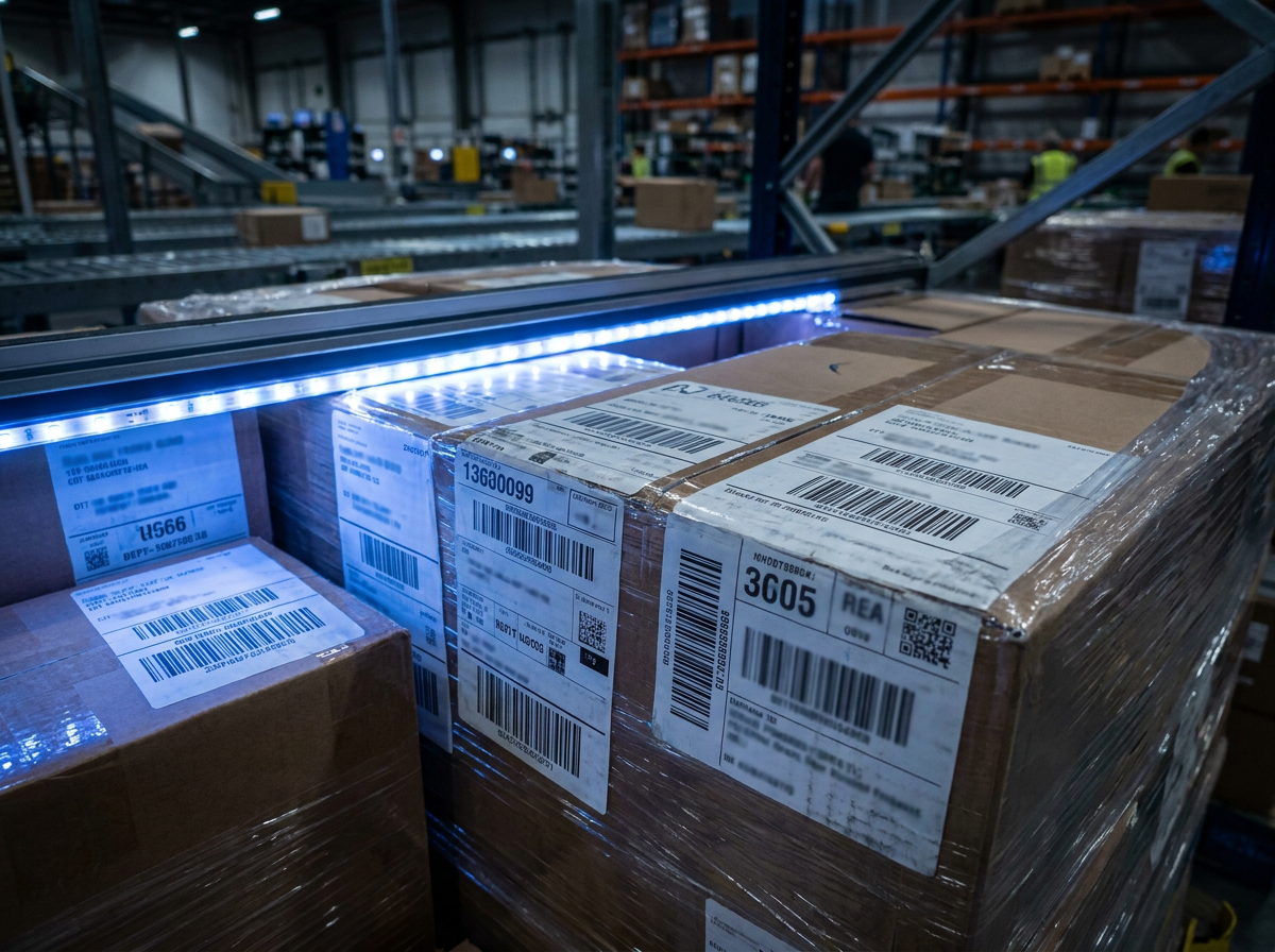 Shipping labels with barcodes on parcels and pallets