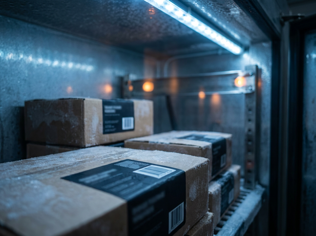 Étiquettes congélateur -40°C adhérant parfaitement sur emballages givrés dans chambre froide industrielle