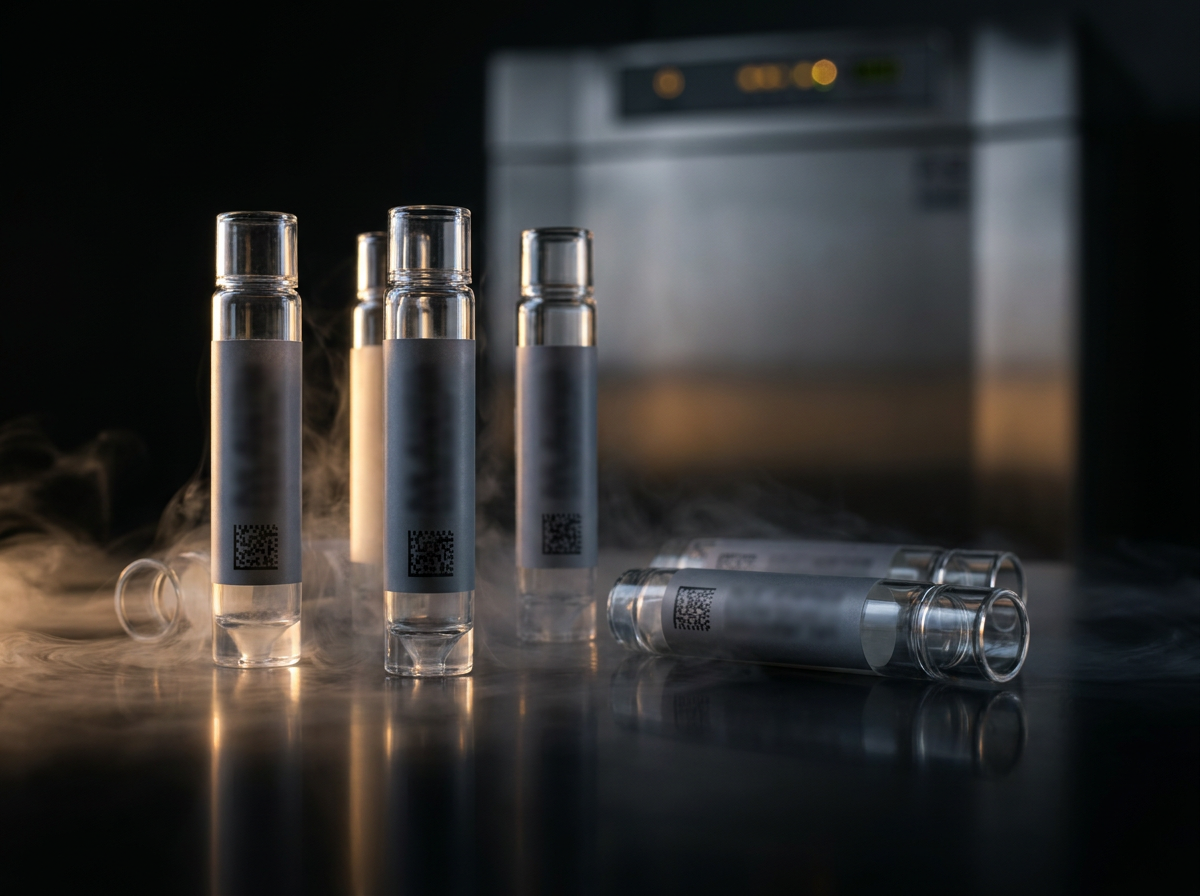 Tubes de laboratoire vétérinaire avec étiquettes polyester et codes DataMatrix en environnement cryogénique