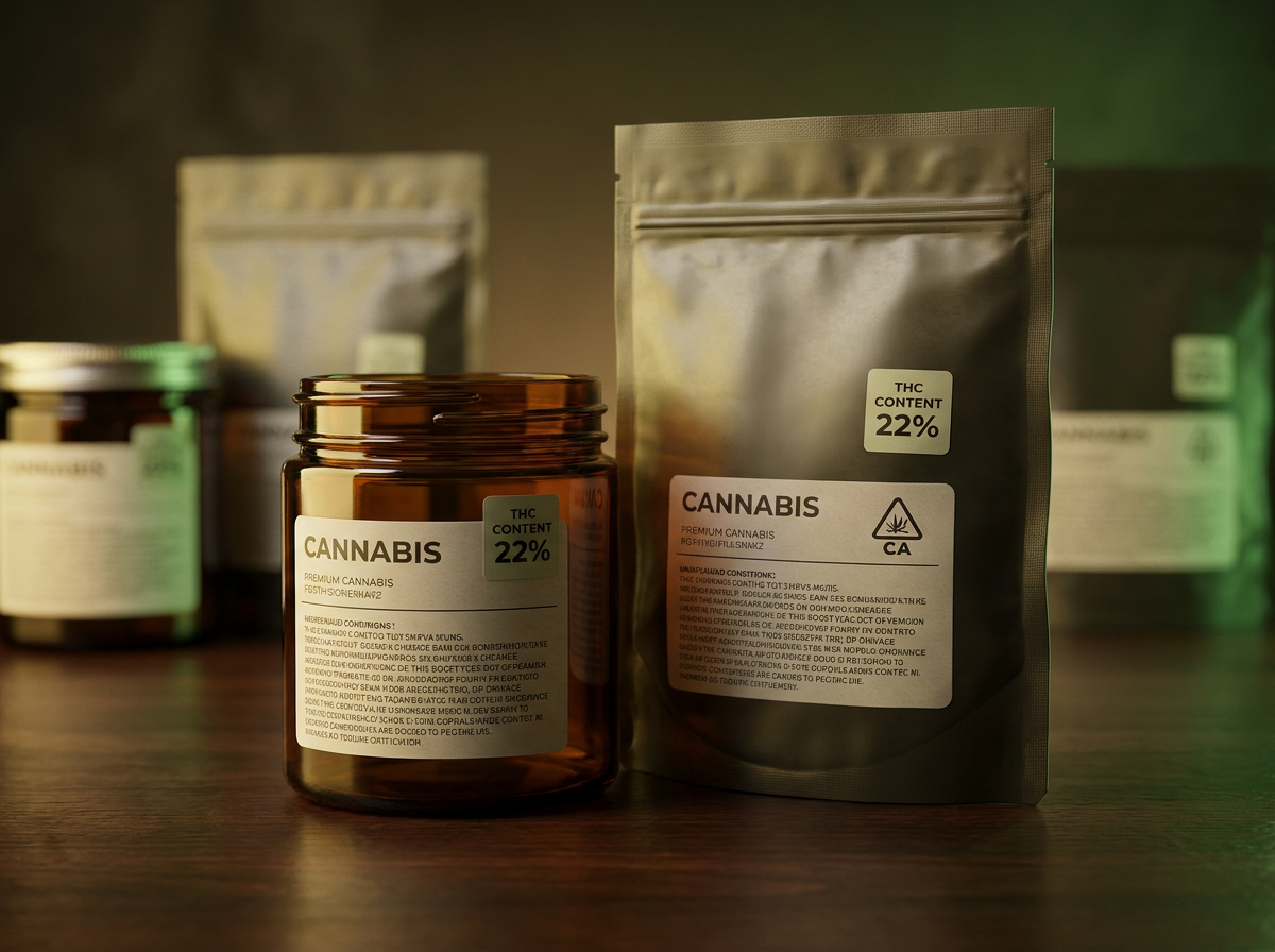 Compliance labels on regulated cannabis product packaging