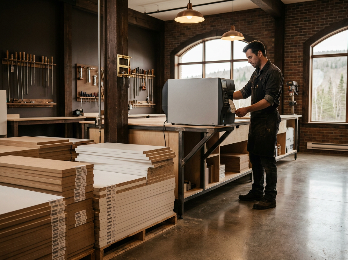 Cabinet making workshop — Zebra printer on the line