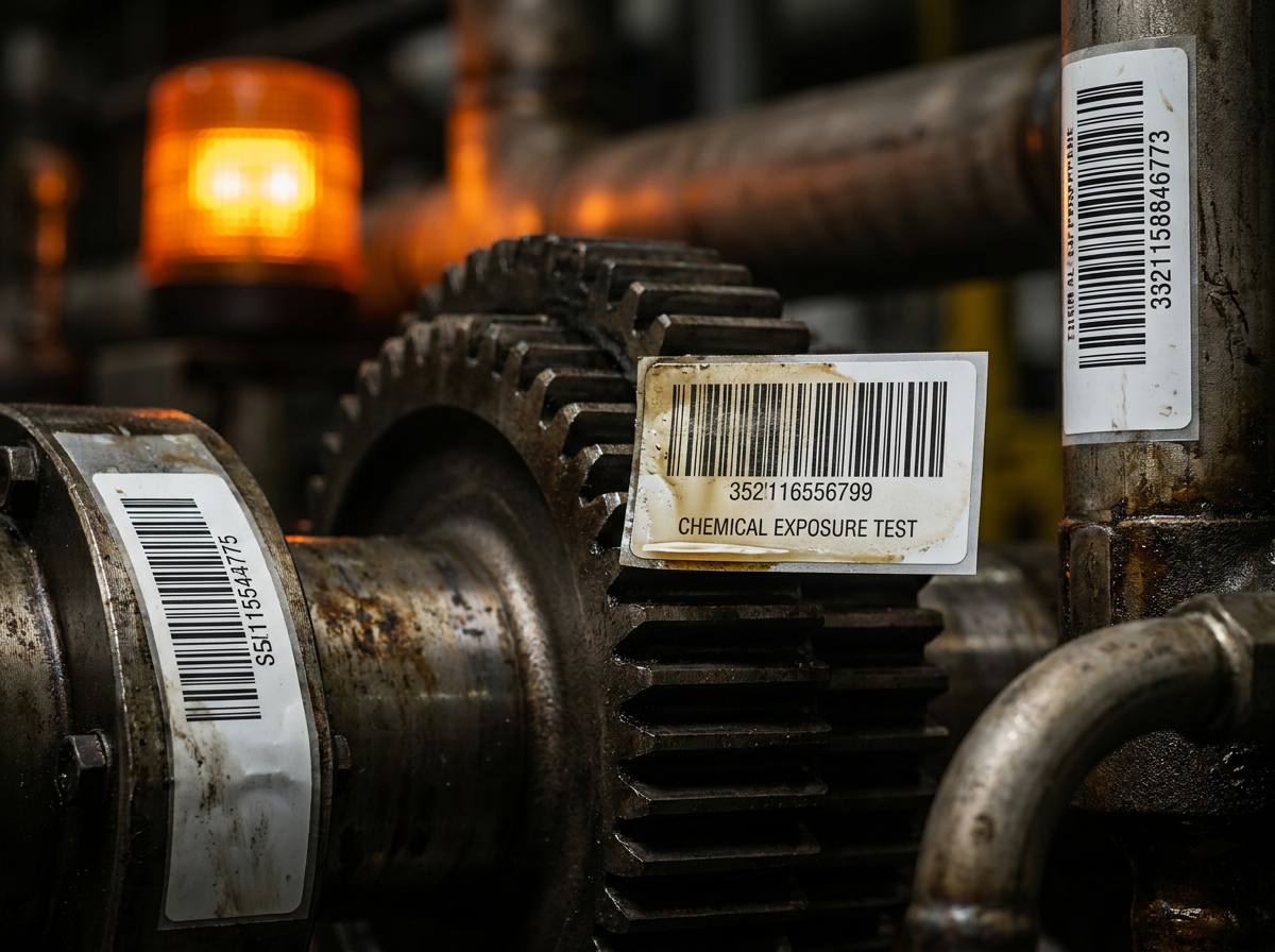 Durable polyester labels on industrial machinery parts