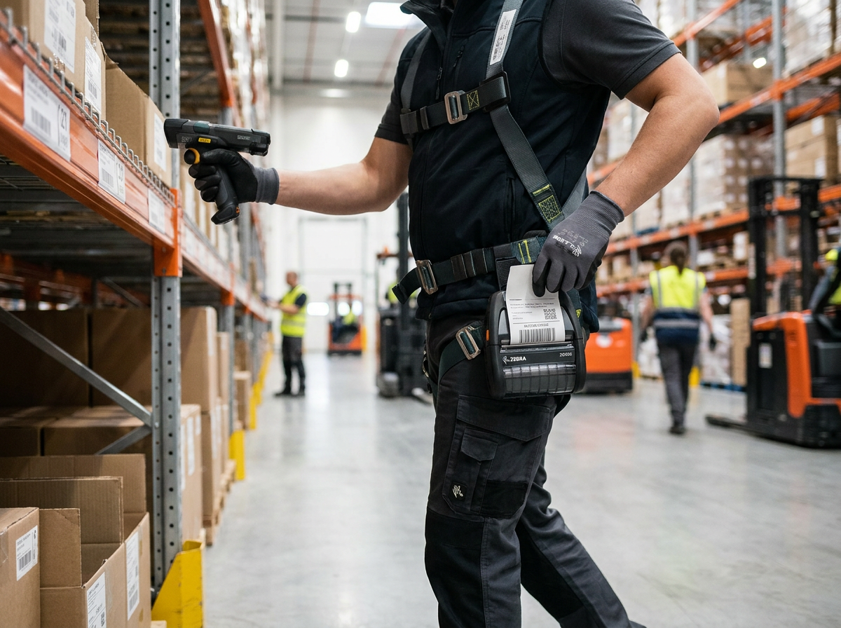 Warehouse operator using Zebra ZQ620 mobile printer
