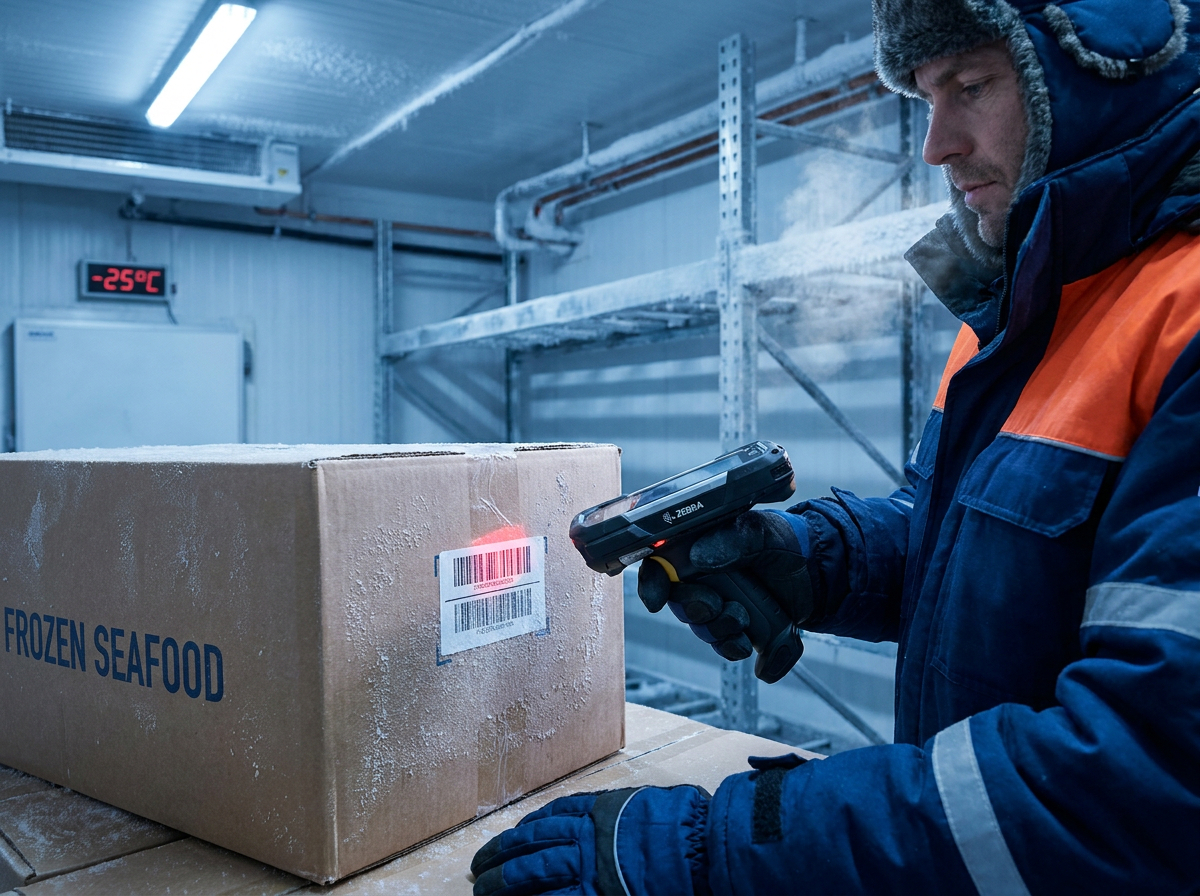 Barcode scanning frozen product label in cold storage