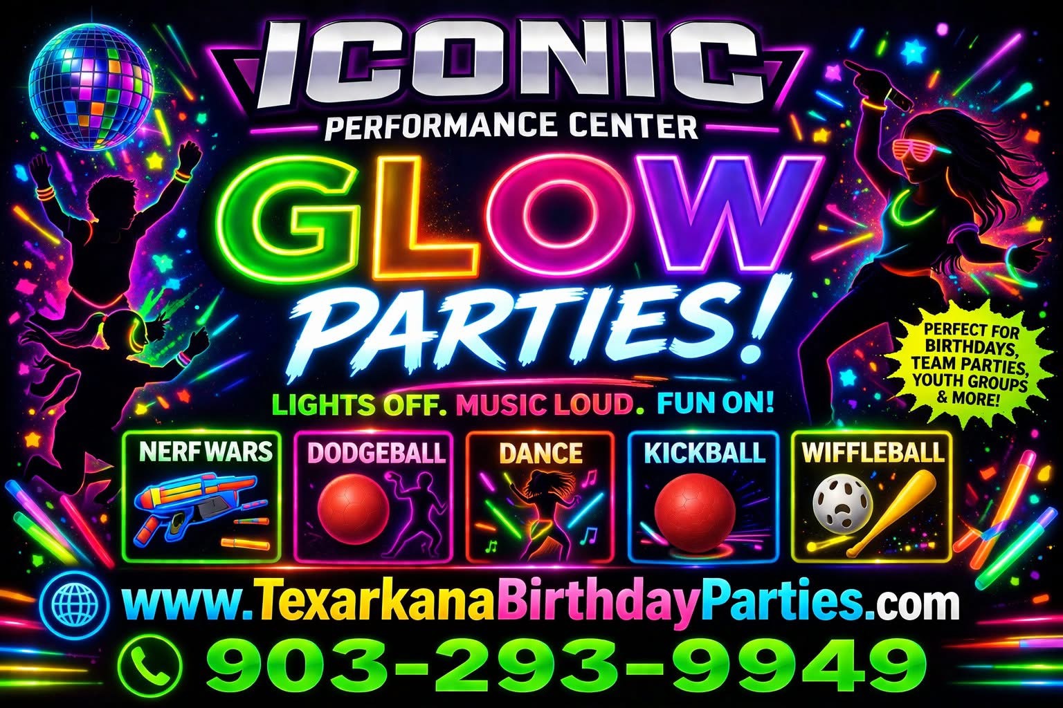 Kids playing nerf wars under glow lights at an indoor birthday party in Texarkana - Iconic Performance Center