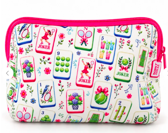 Tennis Mahjong zipper pouch with colorful Mahjong tile print featuring tennis rackets, flowers, and joker tiles on a white background with pink zipper
