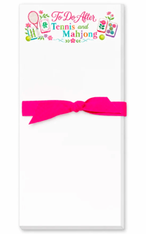 To Do After Tennis and Mahjong notepad with colorful tennis and Mahjong themed header and pink bow