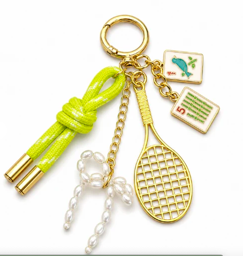 Tennis Mahjong keychain with gold tennis racket charm, pearl beads, and Mahjong tile charms on a neon green cord