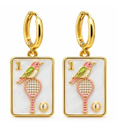 Gold hoop earrings with enamel Mahjong tile pendants featuring a bird perched on a tennis racket design