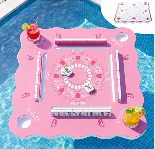 Large Floating Mahjong Table — Pink Floral "CHEERS" Edition