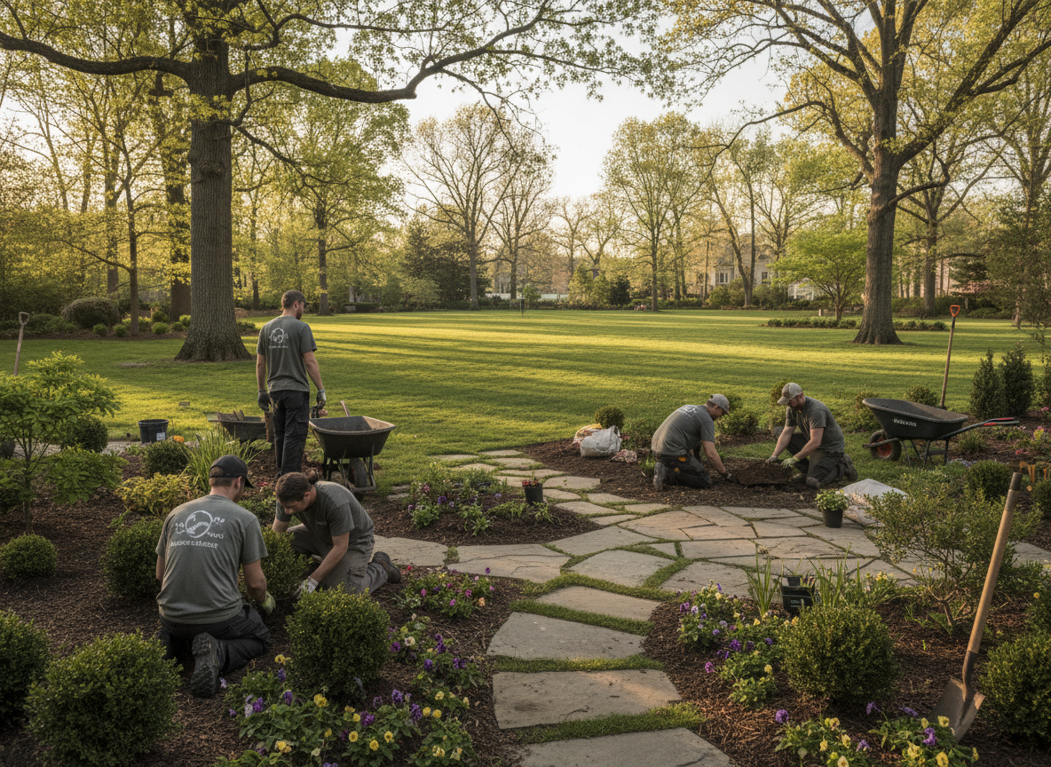 Landscaping crew working on a residential property