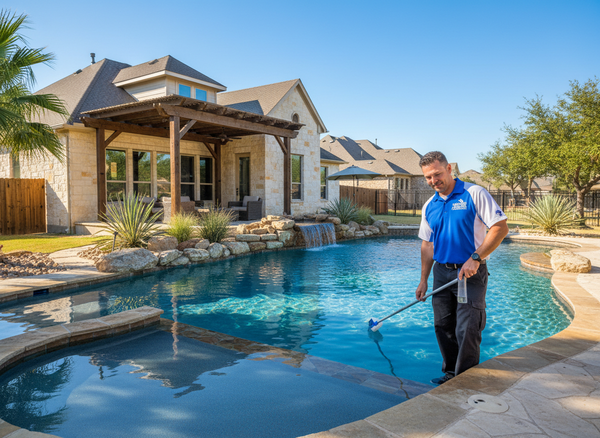 Pool technician servicing a residential pool in a Texas-style backyard