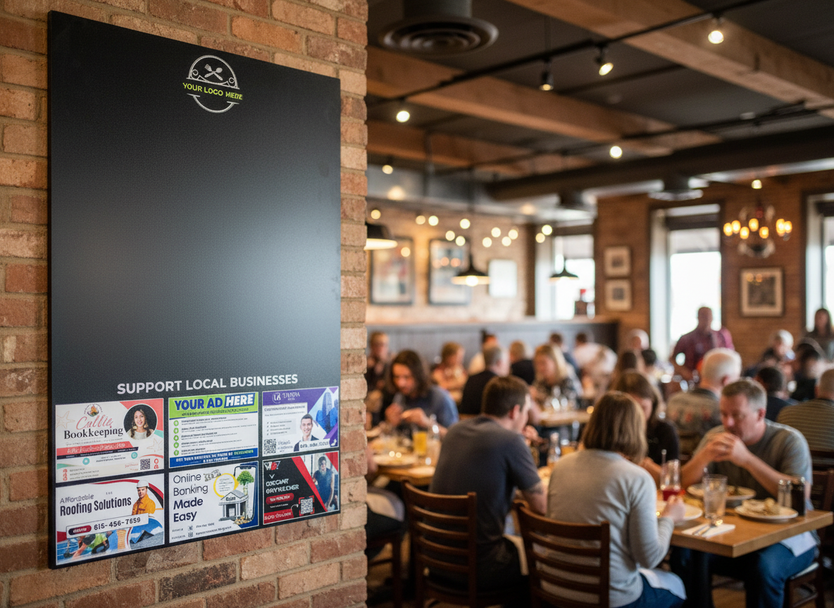 Capstone Community Board mounted on a brick wall inside a busy restaurant. 24 by 36 inch board with a black writing area at the top, the host location logo, a Support Local Businesses header, and six sponsor ads arranged in two rows of three at the bottom