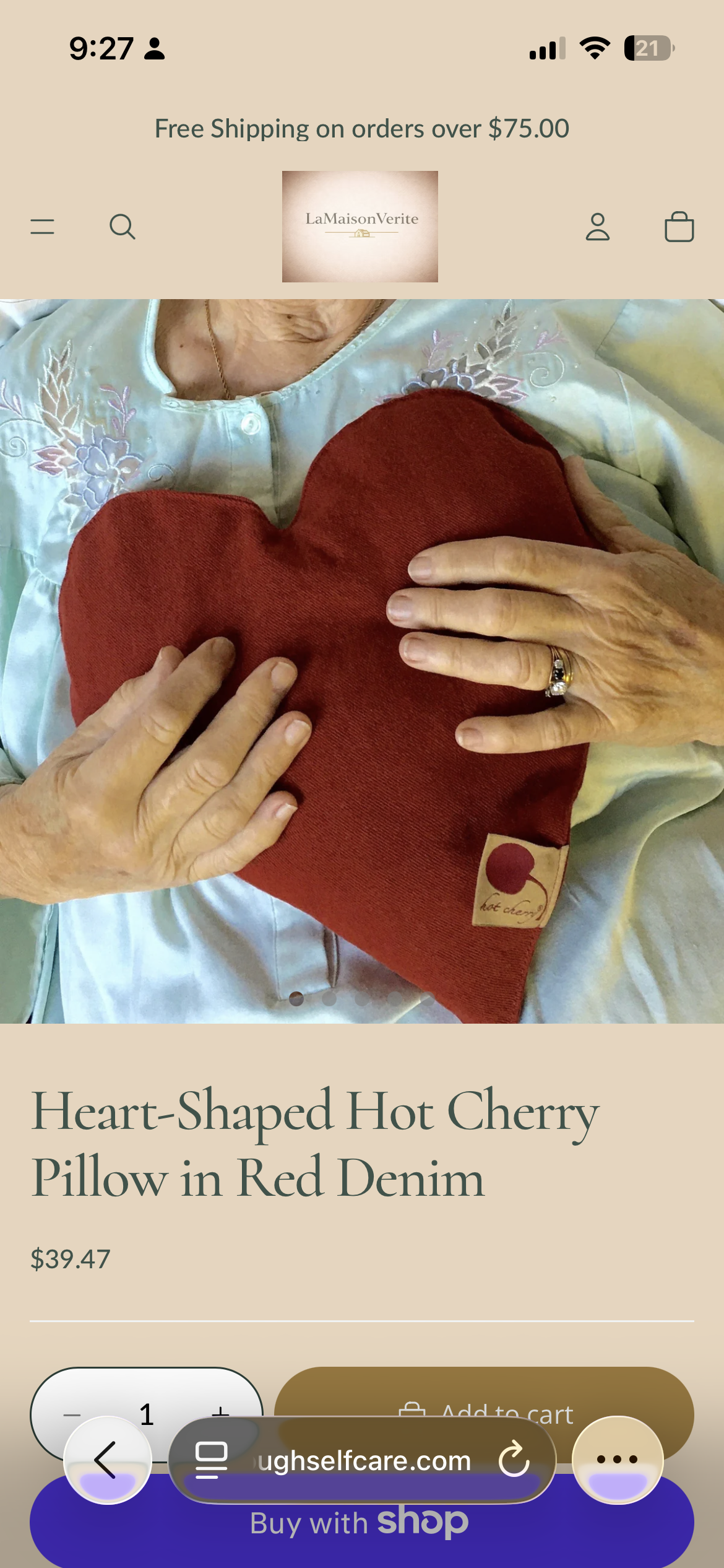 Heart-Shaped Hot Cherry Pillow in Red Denim