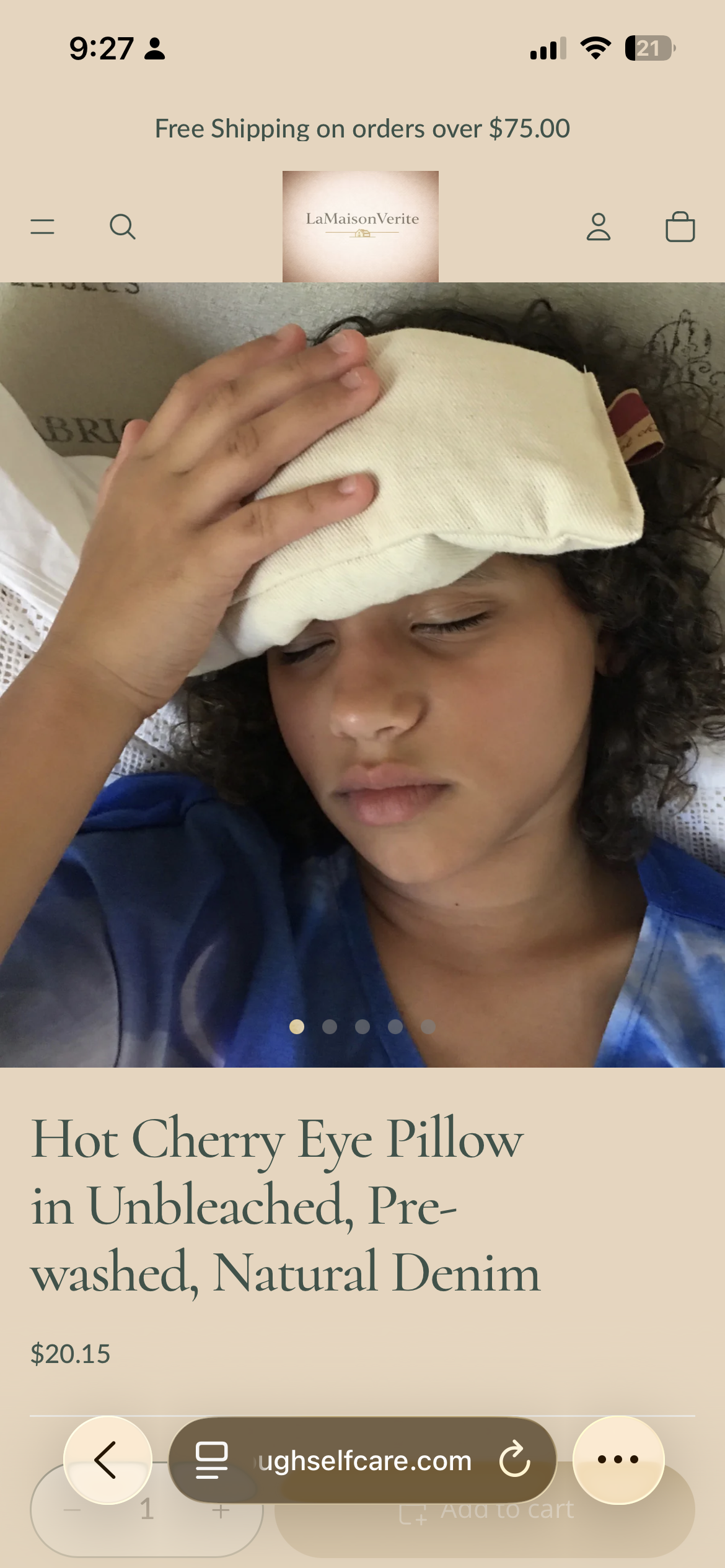 Hot Cherry Eye Pillow in Unbleached, Pre-washed, Natural Denim