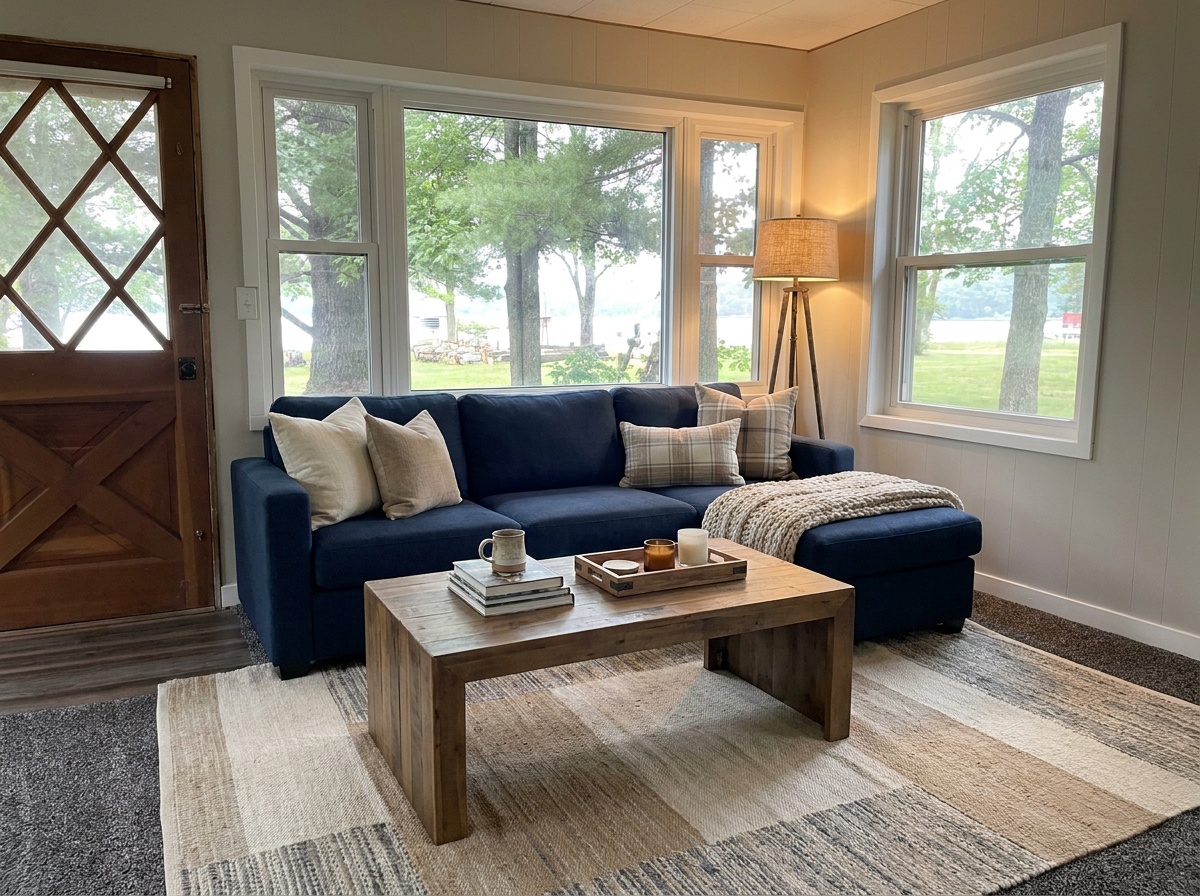 Bone Lake cabin remodel by ACA Contracting — living room with lake view