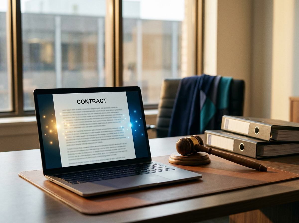 Lawyer's desk with a contract on a laptop and an AI assistant, representing Copilot for Legal