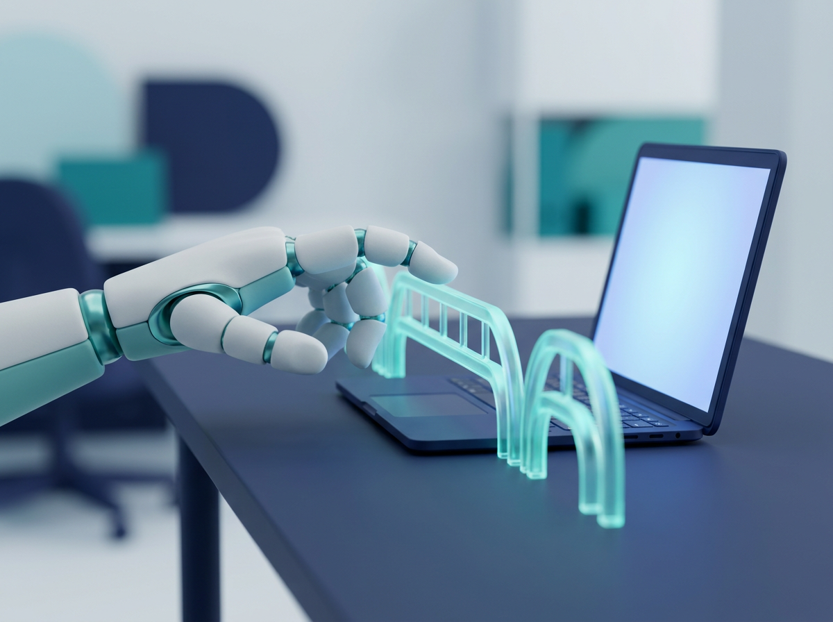 AI assistant working within glowing guardrails beside a laptop