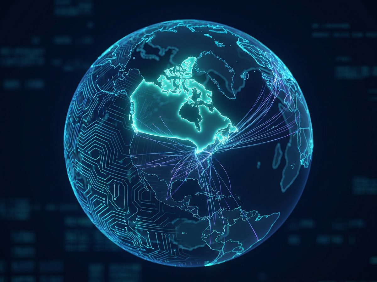 Digital globe with Canada highlighted and data streams flowing across borders