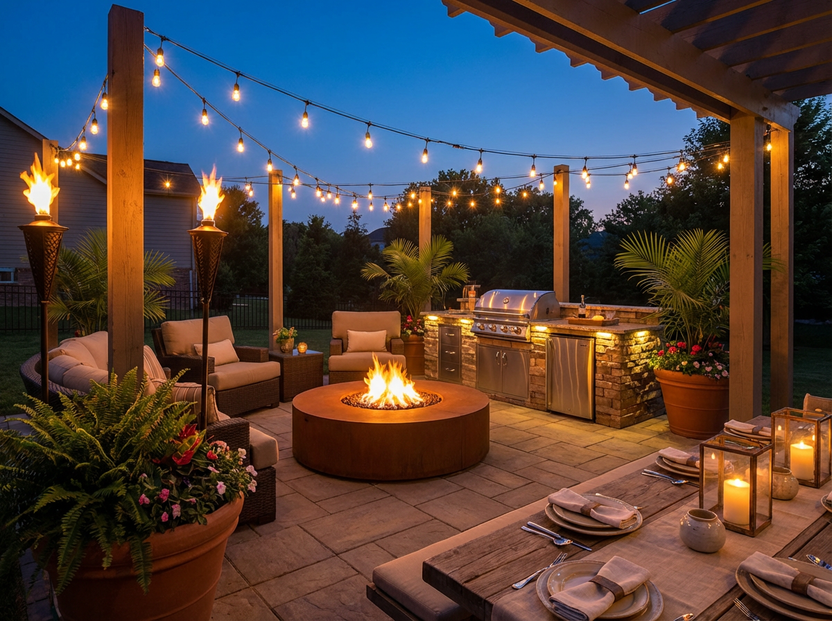 Luxury outdoor entertaining space with fire pit and grill island