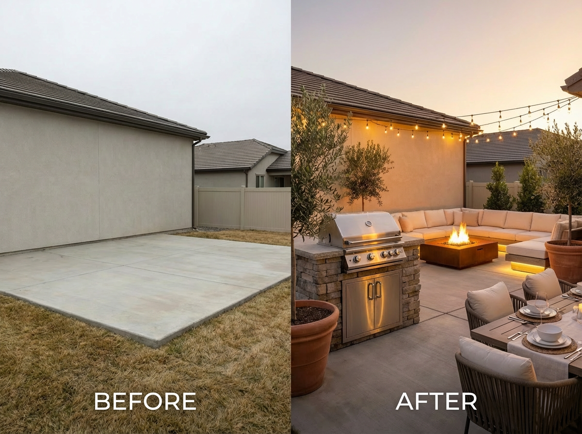 20x20 luxury outdoor patio transformation - before and after with fire pit and grill