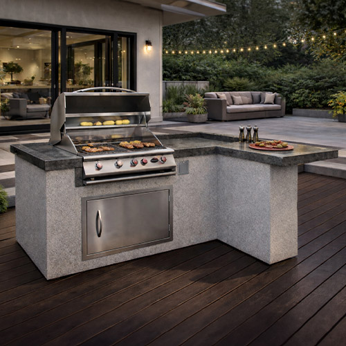 CalFlame Maui Q 401 R/L BBQ Island with premium stucco base and stainless steel grill in elegant outdoor entertaining space