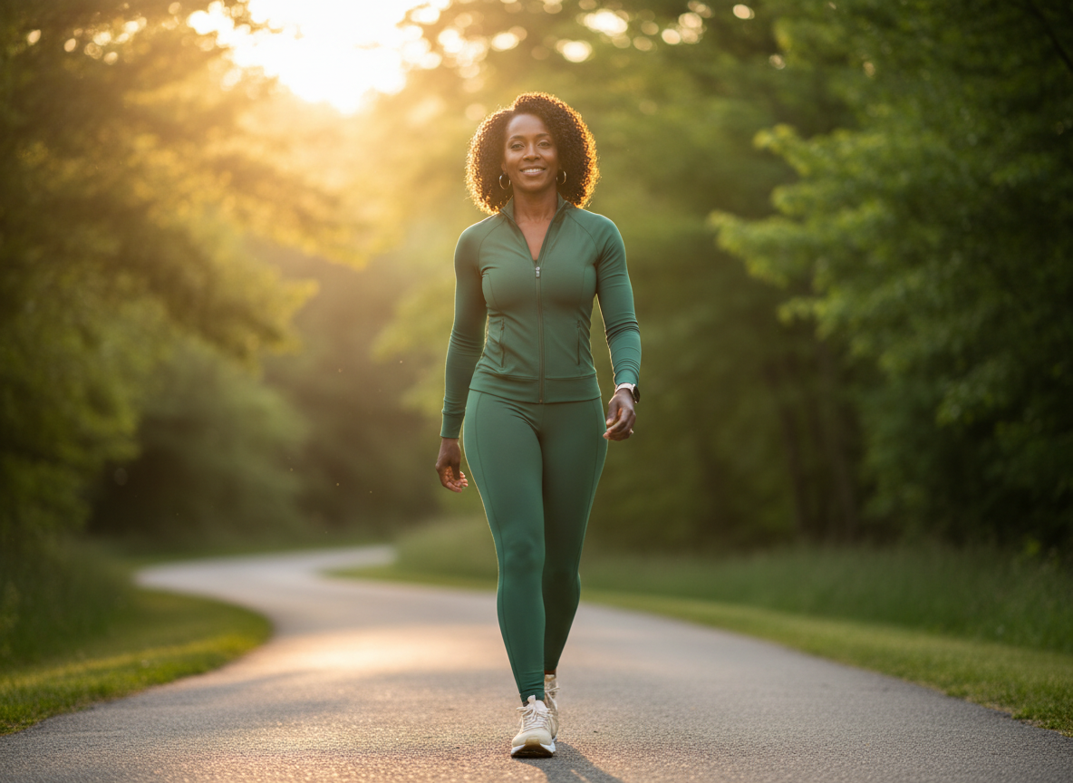 Woman walking confidently outdoors, representing healthy lifestyle change