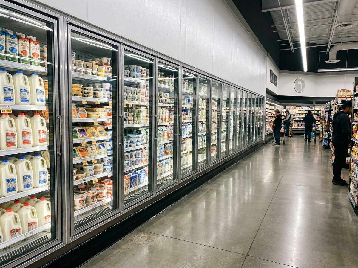 Commercial grocery store refrigerated display cases