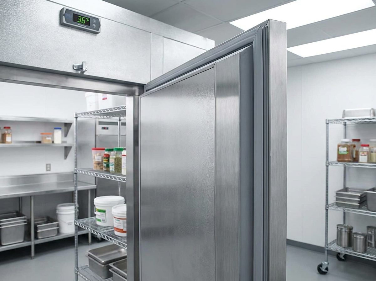 Walk-in cooler door with heavy-duty rubber door seal gasket