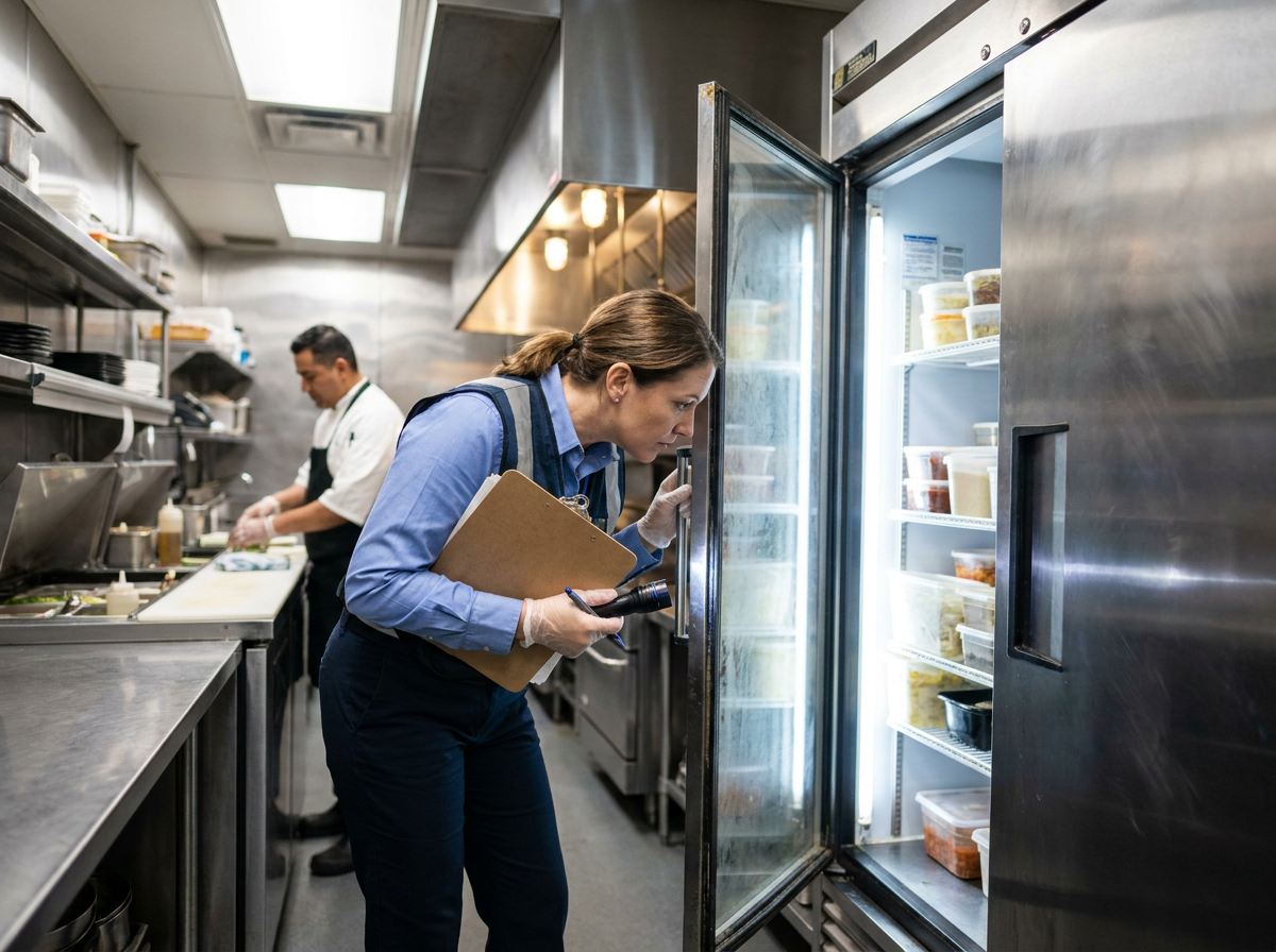 Food safety auditor inspecting commercial refrigerator in restaurant kitchen