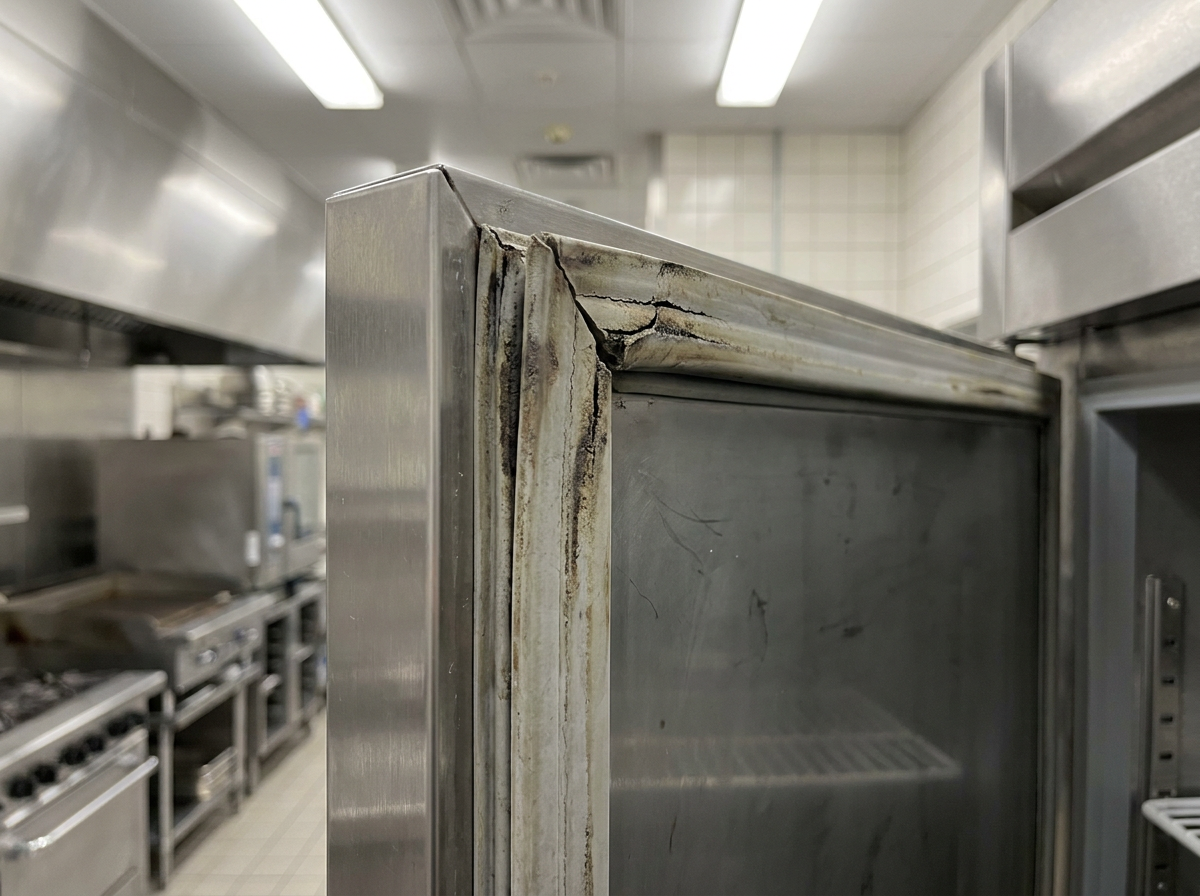 Worn commercial refrigerator door gasket showing signs of deterioration