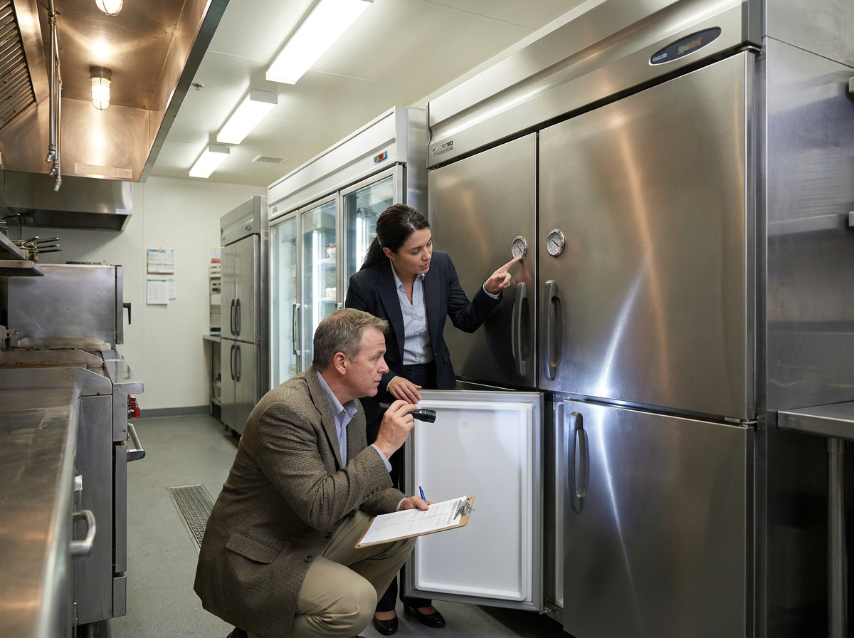 Business owner and advisor inspecting commercial refrigeration during a restaurant walkthrough