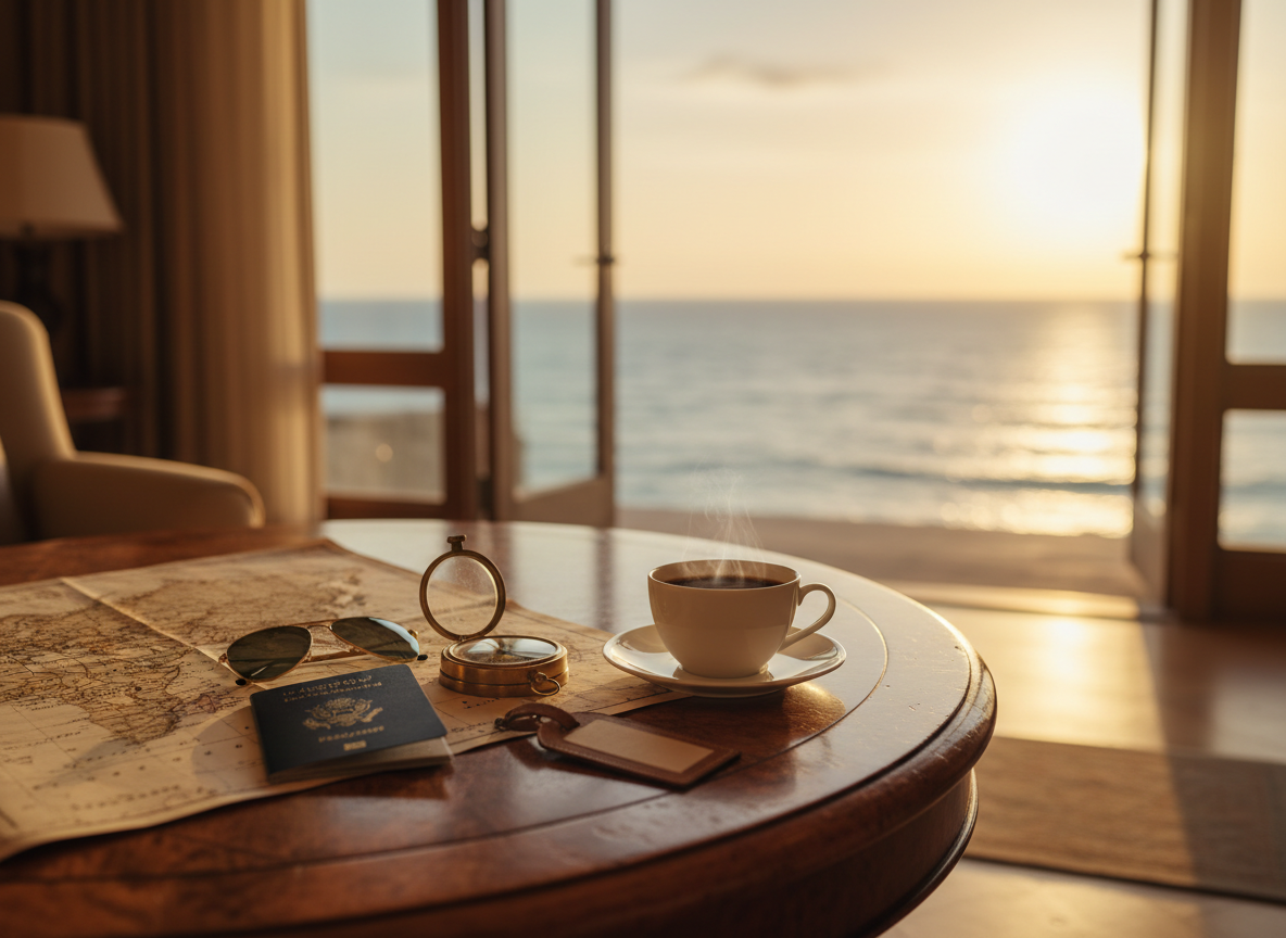 Travel planning table with passport, map, compass, sunglasses, and luggage tag