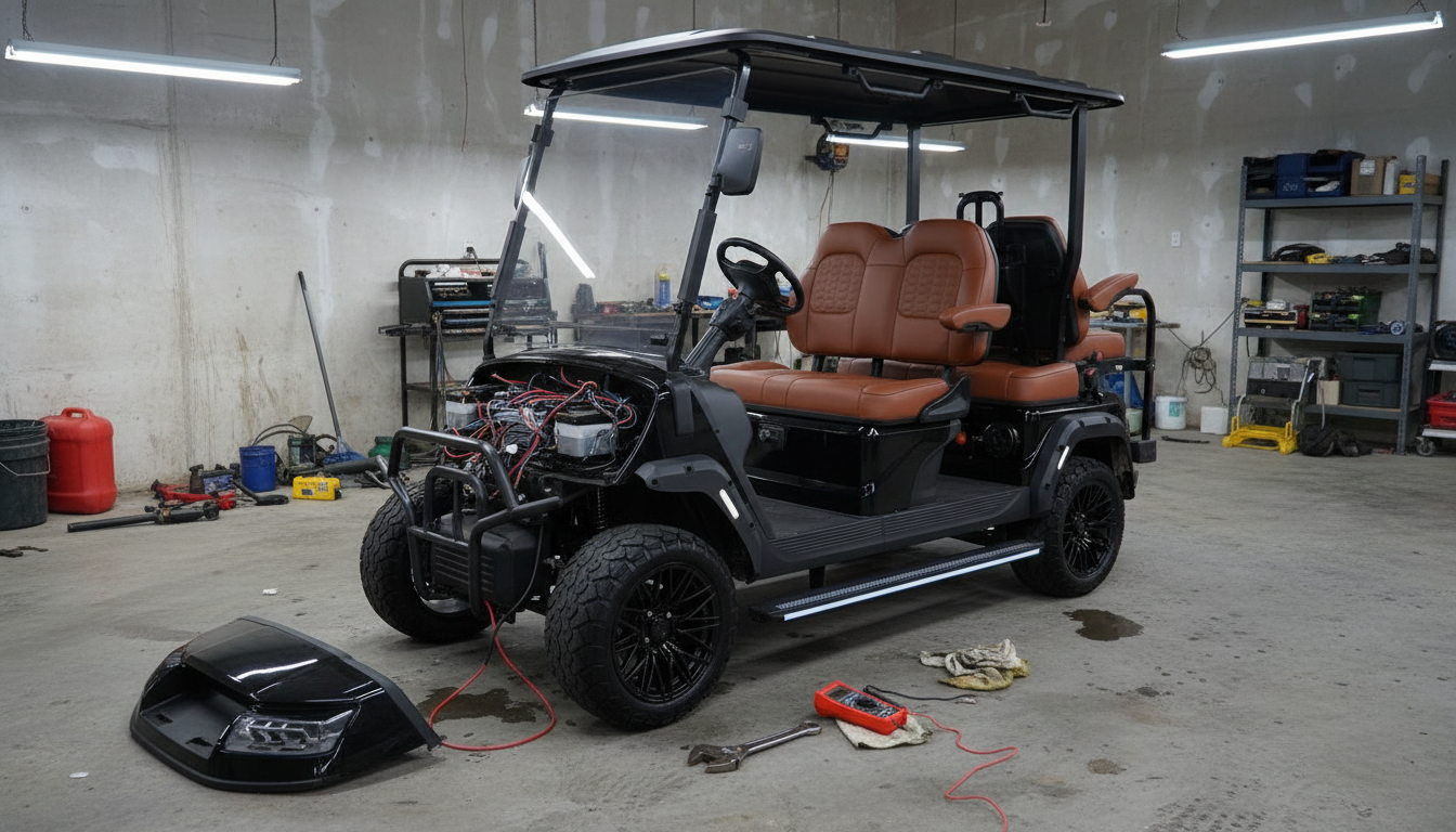Golf cart being serviced in a workshop with parts exposed and tools nearby