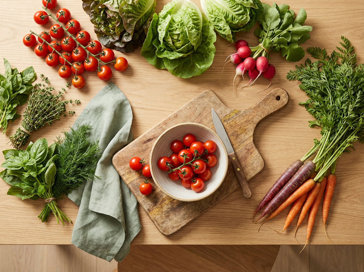 Freshly harvested vegetables from a small garden on a wooden table