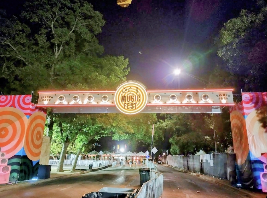 ACL Music Fest entrance arch — Zilker Park at night