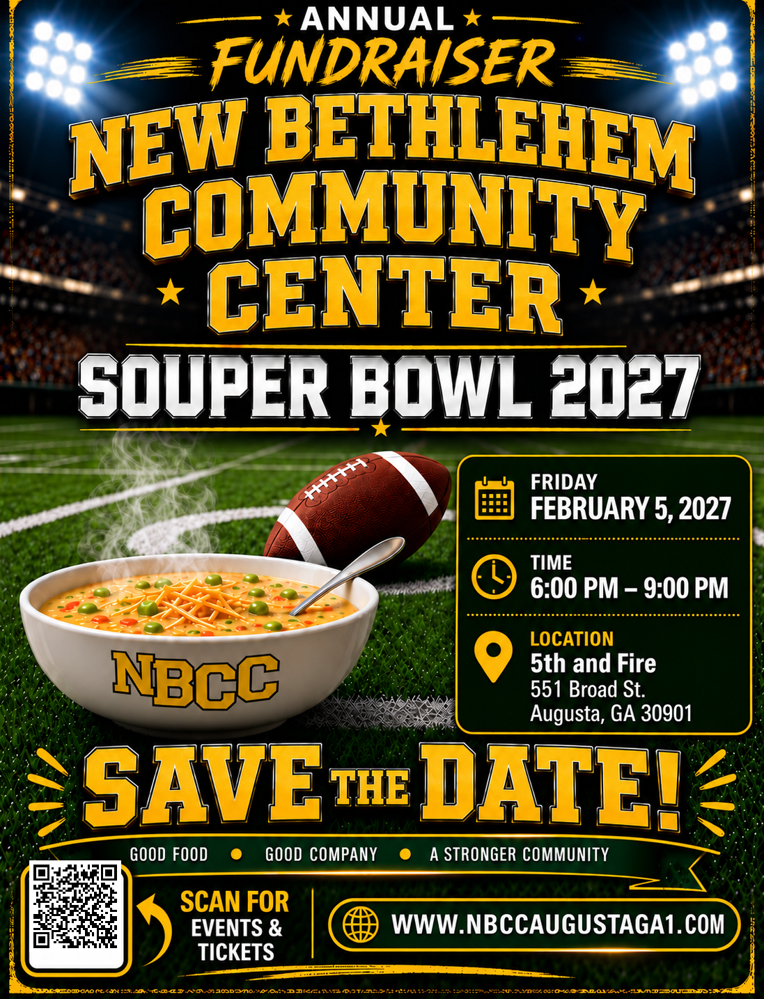 Souper Bowl 2027 Annual Fundraiser — Friday February 5, 2027, 6–9 PM at 5th and Fire, 551 Broad St., Augusta GA.