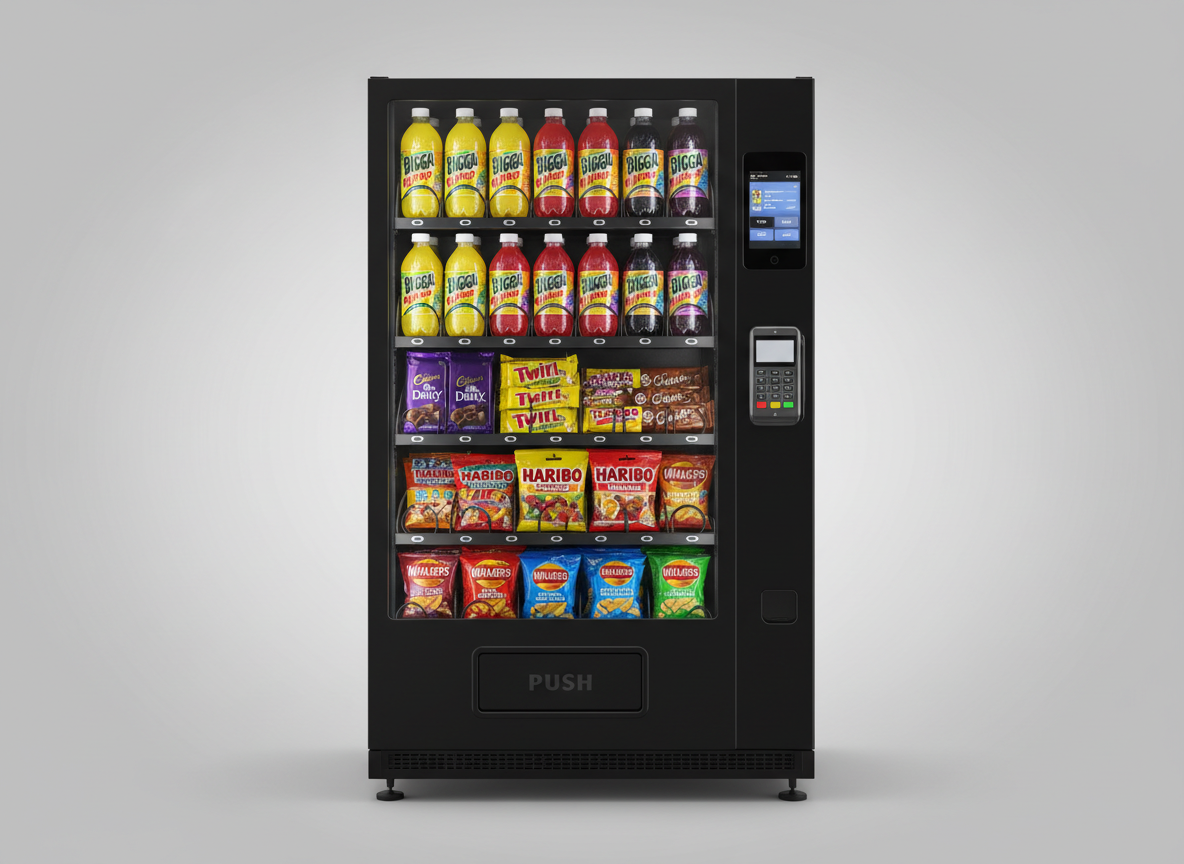 Snacks and drinks vending machine with Cadbury, Galaxy, Haribo, Fruittella, Walkers crisps, Bigga drinks