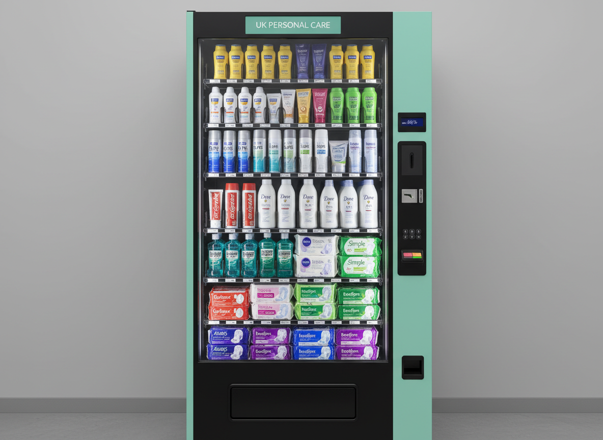 Personal care vending machine with Vaseline, Cocoa Butter, Colgate, Listerine, Nivea wipes, Sanex, Sure deodorant, Dove products