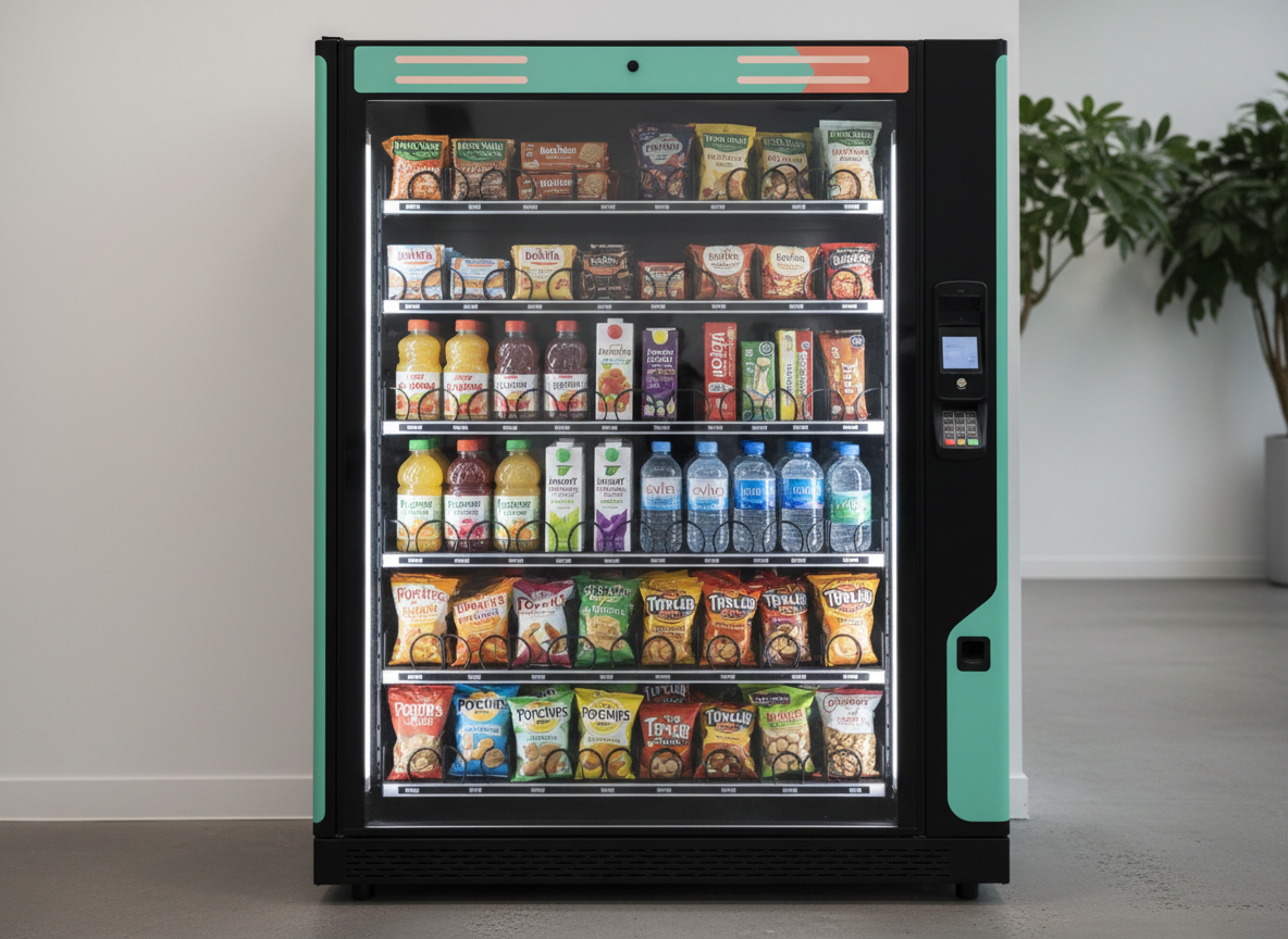 Healthy options vending machine with Nature Valley, Nutri-Grain, Belvita, fruit juices, water, Popchips, Tyrrells, dried nuts