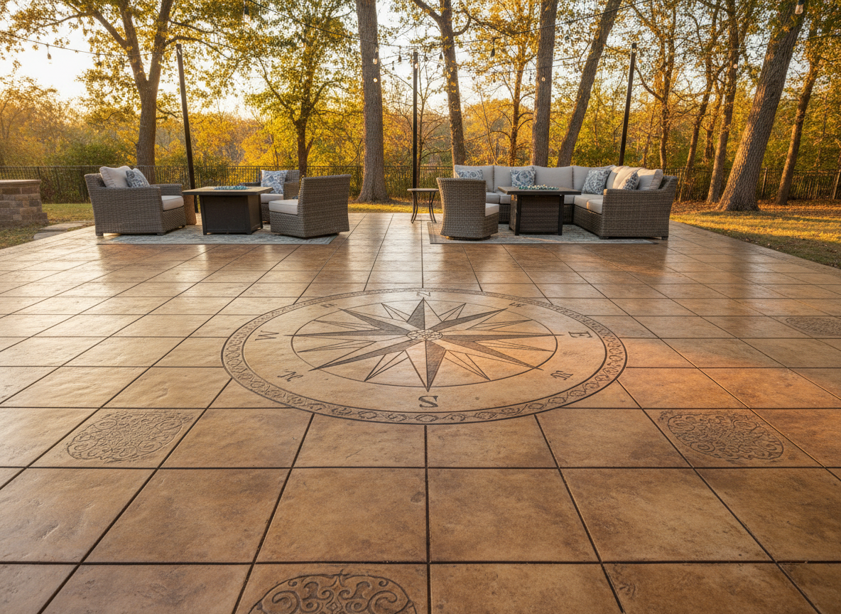 Custom decorative medallion pattern engraved into a backyard concrete patio