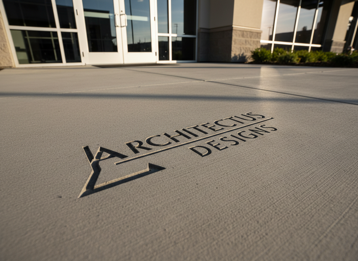 Custom logo precisely engraved into a smooth concrete surface