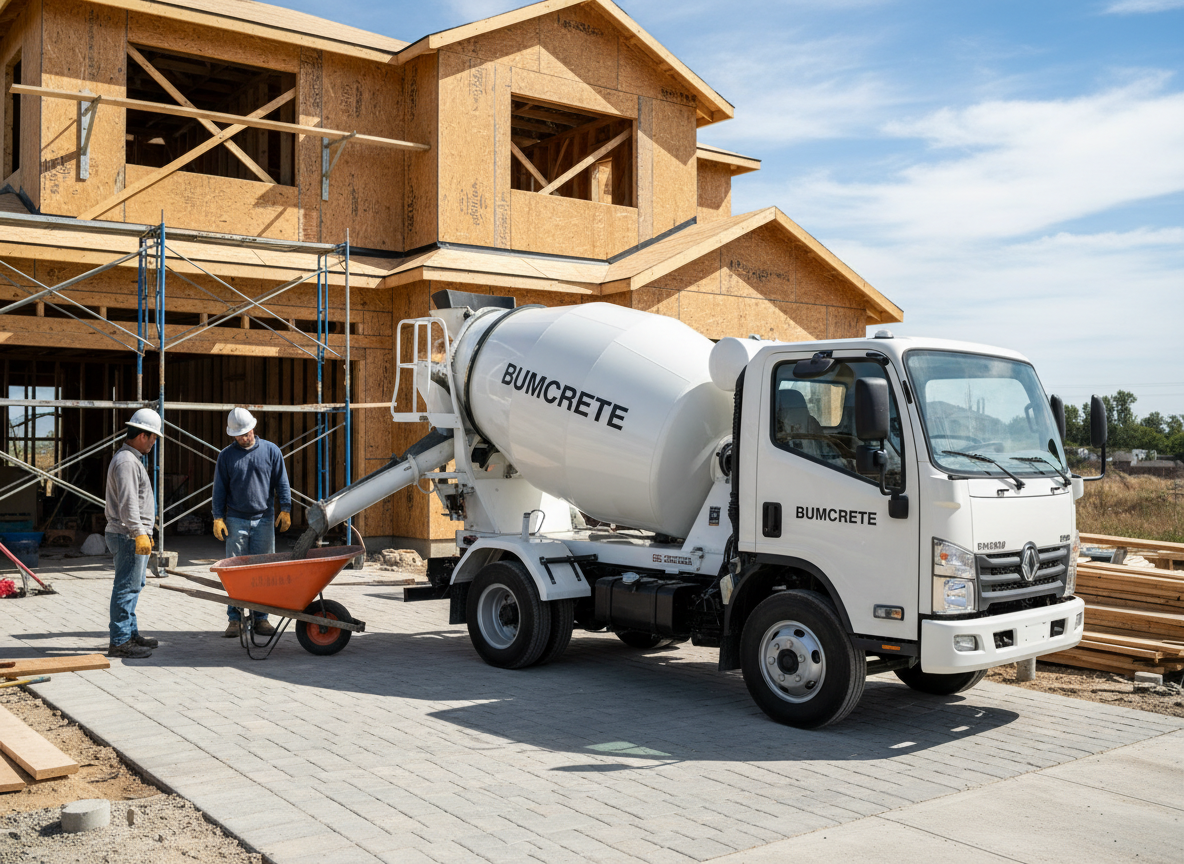 BUMCRETE small 3.5 yard mixer truck on a residential jobsite