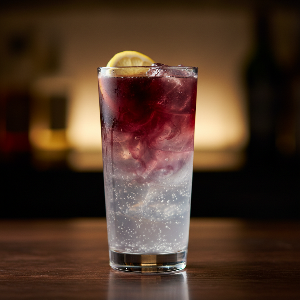 Tenneyson and Tonic non-alcoholic cocktail with dark red float and lemon garnish