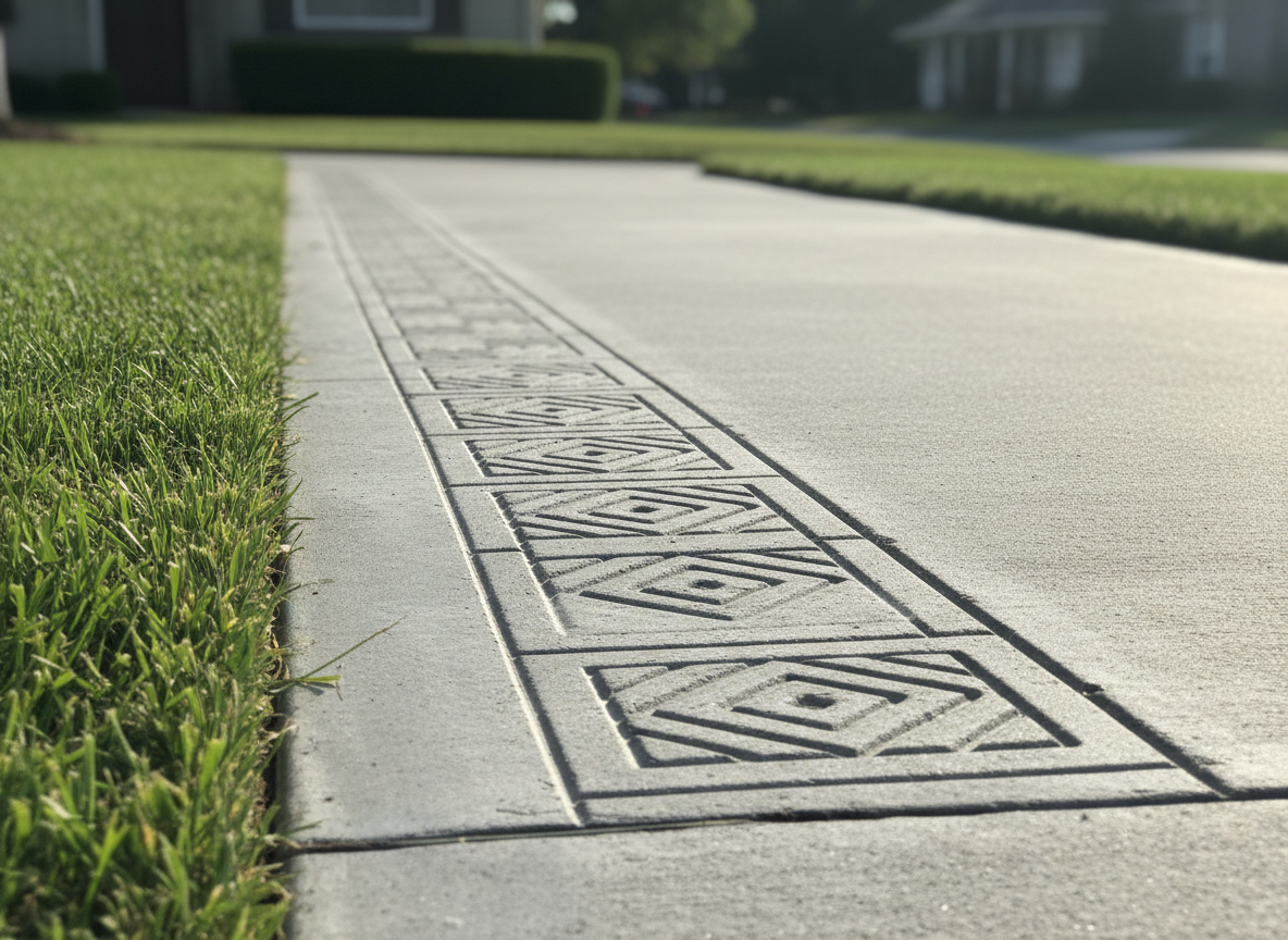 Decorative geometric border pattern engraved into a concrete sidewalk