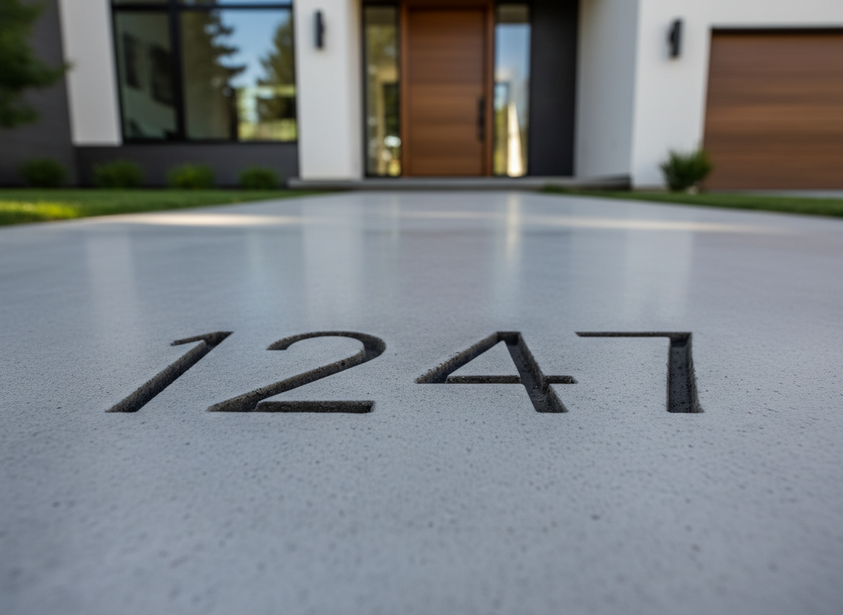 House address numbers engraved into a concrete front walkway