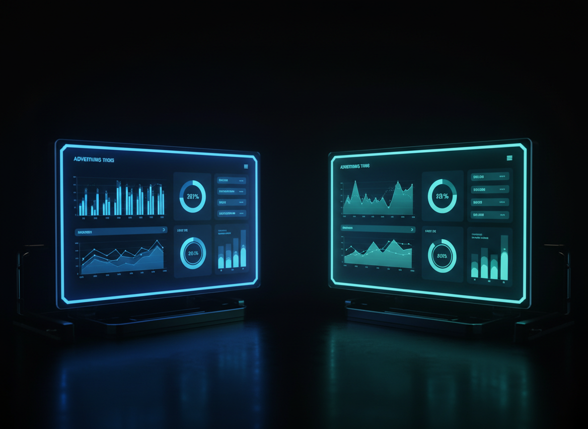 Two glowing screens showing ad campaign dashboards comparing Google and Bing Ads