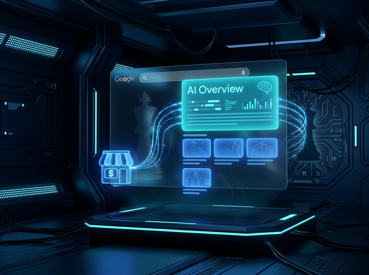 Glowing AI Overview box on a Google search results page with small business website thumbnails below