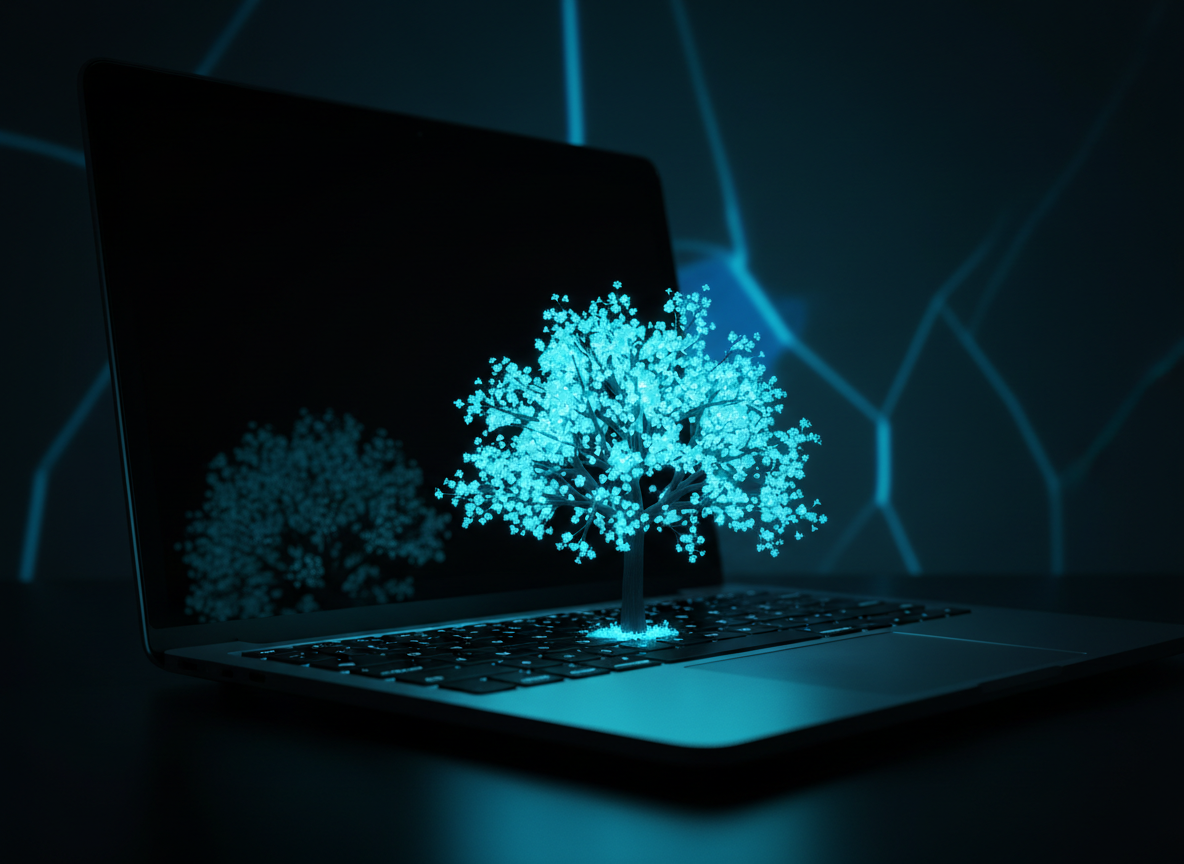Glowing cyan tree growing from a laptop keyboard representing SEO growth over time