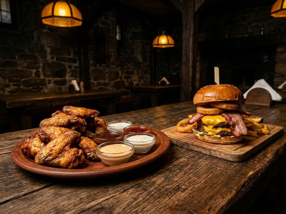 Tavern food spread — wings, burgers, and comfort classics